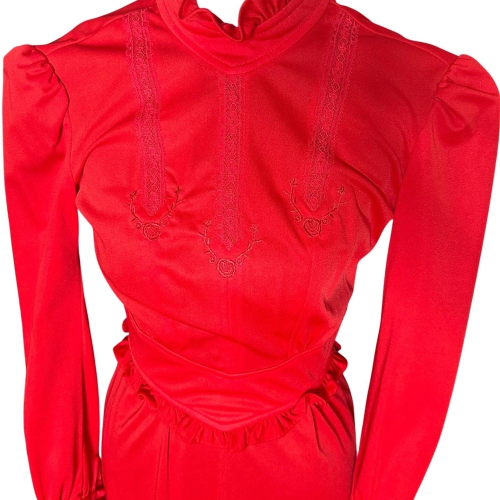 Vintage Mikey Jr California Red Prairie Maxi Dress Ruffle Lace Embroidery XS - Picture 2 of 7